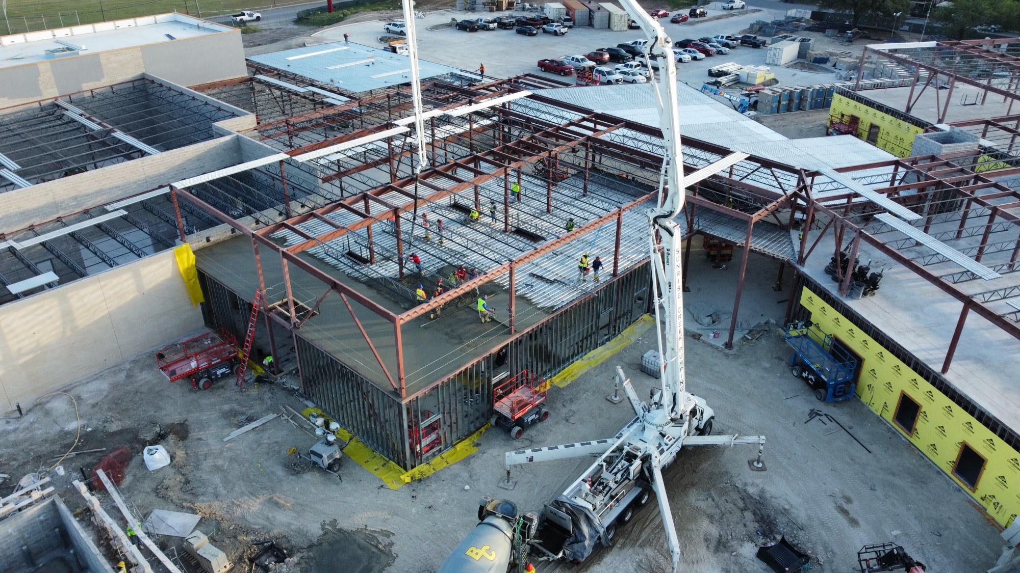 Aerial view of large-scale concrete pour in progress